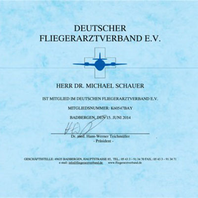 Zertifikat für Dr. Michael Schauer – Deutscher Fliegerarztverband